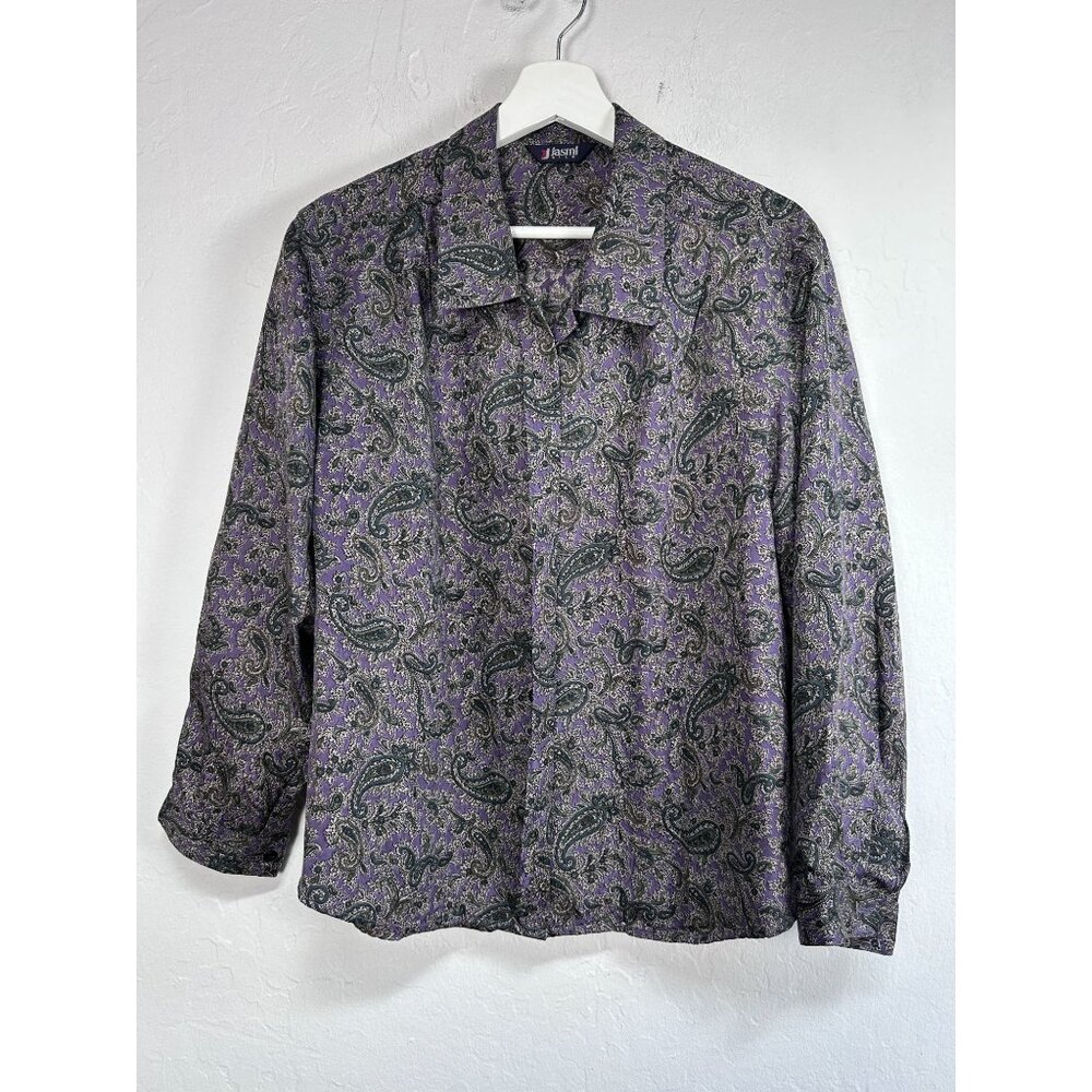 Jasmi Silk Womens Paisley Button-Up Shirt Purple Black Long Sleeve Lightweight